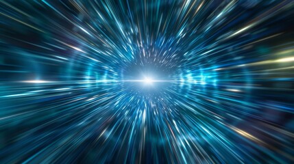 Wall Mural - futuristic warp speed effect with vibrant light streaks in shades of blue converging towards a brill