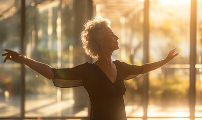 An elderly woman joyfully dancing with outstretched arms in a sunlit, glass-walled room, exuding freedom and happiness