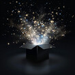 © IBEX.Media - An open black box releasing a burst of glowing stars and sparkles into the dark, symbolizing mystery, magic, and surprise, ideal for a Black Friday shopping concept