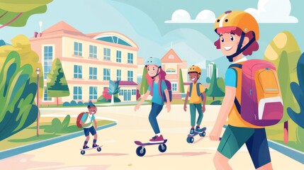 Wall Mural - Students wearing helmets and backpacks ride skateboards on their way to school. micro mobility transportation, illustration style of a flat design, Back to school 