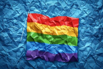 Sticker - Crumpled rainbow flag on a blue background symbolizing resilience and pride in a textured and vibrant digital illustration