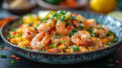 Delicious shrimp stir-fry topped with fresh herbs served in a blue bowl, perfect for a tasty and colorful meal.