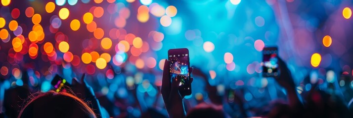 Wall Mural - A large crowd at a music festival uses their smartphones to capture the show, with the stage lights blurred in the background