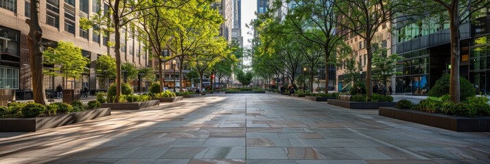 Canvas Print - A wide, empty plaza lined with tall buildings and lush trees, creating a serene escape from the bustling cityscape