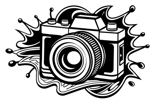 Retro camera in black and white vintage camera icon
