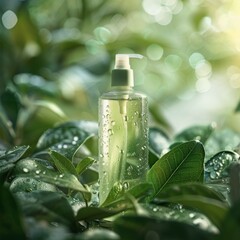 Wall Mural - Clear Glass Bottle of Skincare Product on Green Leaves With Raindrops