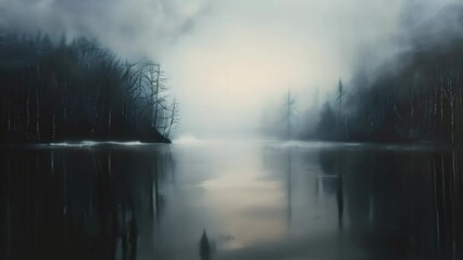 Canvas Print - A painting showing a lake encircled by dense trees, capturing the beauty of natures tranquility, A serene, dark canvas for your imagination