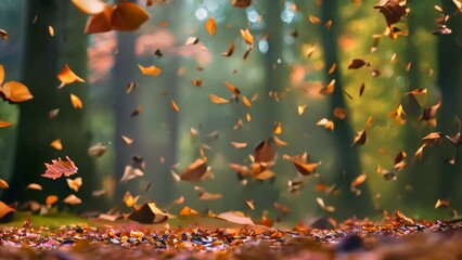 Wall Mural - A forest filled with leaves of various colors cascading through the air on a breezy day, A serene forest with colorful leaves falling gently to the ground