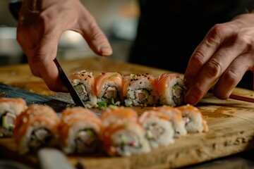 Wall Mural - Chef cutting sushi rolls with a sharp knife, the precise slices revealing beautiful interiors generated by AI