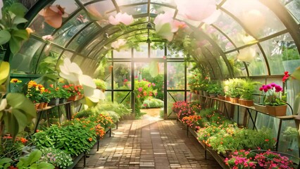 Poster - Abundant vegetation thrives in a lively greenhouse setting, A serene greenhouse filled with an abundance of lush green plants and colorful flowers