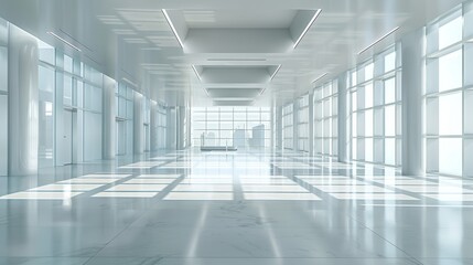 Wall Mural - Spacious Modern Office Corridor with Natural Light. A well-lit, modern office corridor featuring reflective marble floors and a series of tall windows allowing natural light to enhance the airy space.