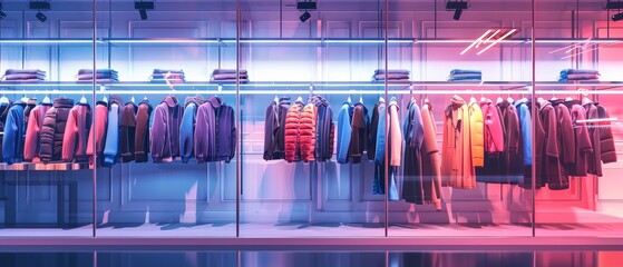 Wall Mural -  Background of a fashion store with clothes hanging on racks for sale. 
