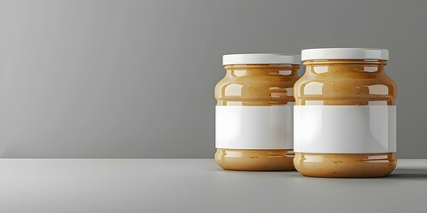 Wall Mural - 3D mockup of two peanut butter jars with white labels on gray background. Concept Photorealistic, White Label, Peanut Butter Jars, Gray Background, 3D Mockup