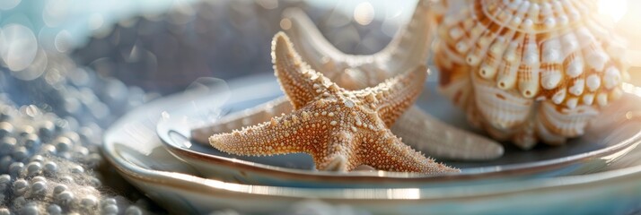 Wall Mural - A starfish rests on a plate with a seashell and other beach-themed decor. The image is a close-up view of the starfish, focusing on its texture and details