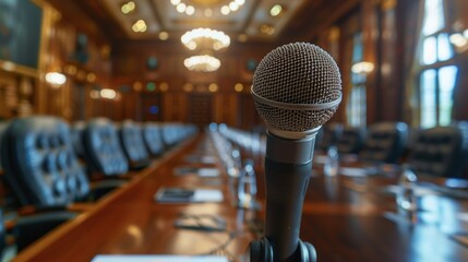 Wall Mural - Elegant Conference Room with Central Microphone. A professional conference room with a central microphone, highlighting a setting of corporate discussions or formal meetings.