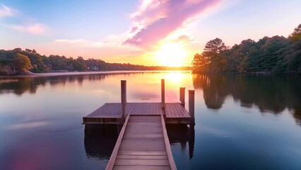 Poster - A wooden dock extending into a calm lake surrounded by trees and nature, A serene lakeside retreat with a wooden dock and colorful sunset