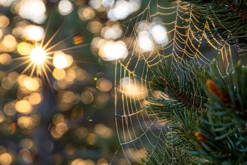 Wall Mural - sparkling dew on spider web amidst festive lights