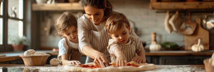 A woman and two children are making pizza together in a kitchen. They are adding toppings to the dough and having fun