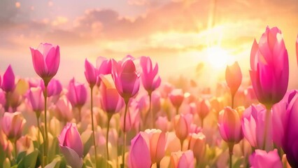 Wall Mural - Pink tulips fill a field under a cloudy sky, A serene landscape of a sunrise over a field of blooming tulips on Easter morning