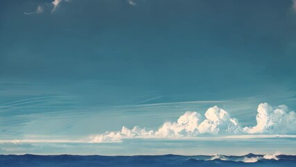 Wall Mural - A painting depicting a blue ocean with white clouds under a clear sky, A serene landscape with rolling hills and a clear blue sky
