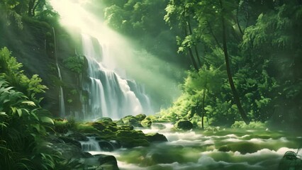 Wall Mural - A painting depicting a waterfall cascading in the midst of a dense forest, A serene landscape with a waterfall and lush greenery