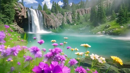 Wall Mural - A waterfall flows into a lake surrounded by wildflowers in a picturesque landscape, Serene mountain landscape with cascading waterfalls