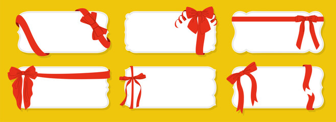 Wall Mural - Price tags mockup with bow gift red ribbon set. Blank shopping labels with ribbon tapes. Vintage label different shapes for gift Birthday, holiday Christmas package decoration. Vector frame invitation