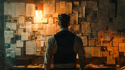 A detective standing in front of a whiteboard covered in notes and evidence showcasing their analytical skills.