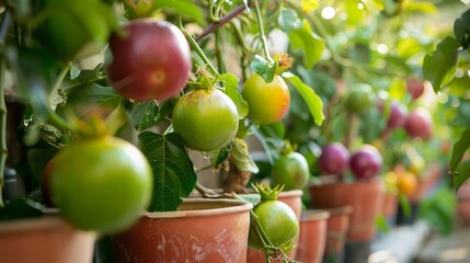 Wall Mural - Passion Fruits Growing in Colorful Pots in an Outdoor Garden Setting with Lush Foliage and Natural Lighting