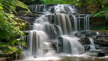 Sticker - A small waterfall flows down moss-covered rocks in the middle of a dense forest setting, A serene waterfall cascading down moss-covered rocks