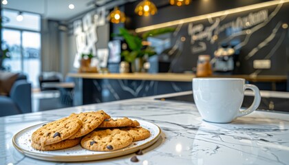 Blurred kitchen background with a white marble countertop, cookies, coffee, and green plants, perfect for product display