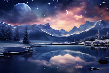 Wall Mural - A tranquil scene of a lake nestled between mountains under a starry night sky. The still water of the lake reflects the stars and mountains. Lush greenery surrounds the lake.