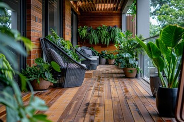 A modern balcony with wooden flooring, adorned with potted plants and lush greenery, offering an inviting outdoor space for relaxation or social gatherings.