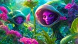 © Jafree - Whimsical Aliens with pink flowers in a vibrant garden. Extraterrestrial beings blending with floral surroundings. Concept of alien life, nature, science fiction, botanical fantasy