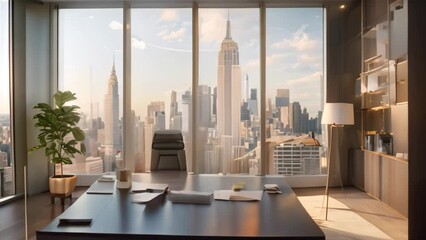 Sticker - Modern office with city skyline view through large windows, minimalist decor, A sleek, modern office space with minimalist furniture and a large window overlooking a bustling city skyline