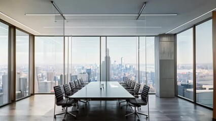 Poster - Modern conference room with floor-to-ceiling windows showing a view of the city skyline, A sleek, modern conference room with floor-to-ceiling windows overlooking a city skyline