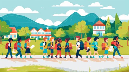 Wall Mural - A group of young students with backpacks walk towards their school, in a flat illustration. Back to school, learning.