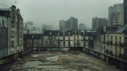 Sticker - A desolate parking lot with vacant spaces in front of buildings, A somber, colorless cityscape filled with empty, abandoned buildings