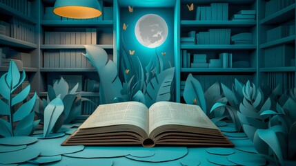 Wall Mural - Paper cutout of a book, education theme, library background