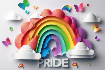 Sticker - Whimsical Rainbow Pride Scene with Clouds Balloons and Butterflies in 3D Illustration