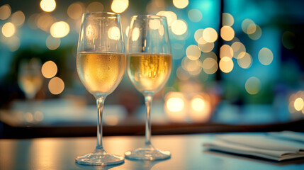 Wall Mural - Two glasses of champagne on a dark background with golden bokeh