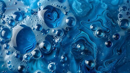 A close-up image of a swirling, blue liquid with many small and large bubbles. The liquid has a marbled, abstract appearance. Generative AI
