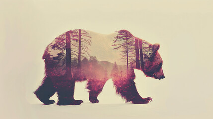   A bear strolls through snowy woods with towering trees and a majestic mountain in the distance