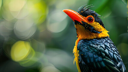 Wall Mural - colored beautiful bird sitting on the tree in the jungle, colored wild bird, colored wild bird sitting on the branch of tree in jungle