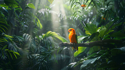 Wall Mural - colored beautiful bird sitting on the tree in the jungle, colored wild bird, colored wild bird sitting on the branch of tree in jungle