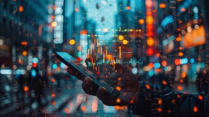 Double exposure of a hand holding a smartphone with a stock market app open, overlaid with images of global currencies and a cityscape, illustrating digital finance and investment