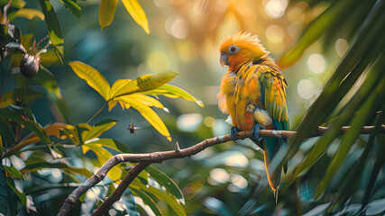 Wall Mural - colored beautiful bird sitting on the tree in the jungle, colored wild bird, colored wild bird sitting on the branch of tree in jungle