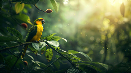 Wall Mural - colored beautiful bird sitting on the tree in the jungle, colored wild bird, colored wild bird sitting on the branch of tree in jungle