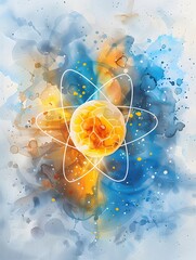 Abstract watercolor illustration of an atom with vibrant colors, symbolizing energy, science, and atomic structure.