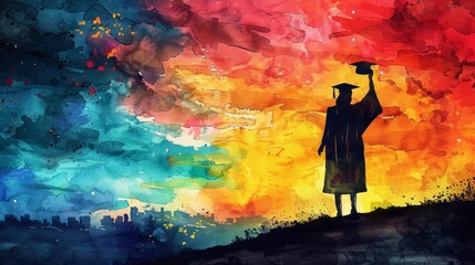 A student stands on a hill, holding their graduation cap in the air